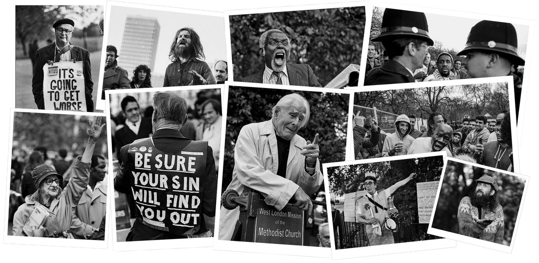 Speakers addressing a crowd at Speakers’ Corner in Hyde Park